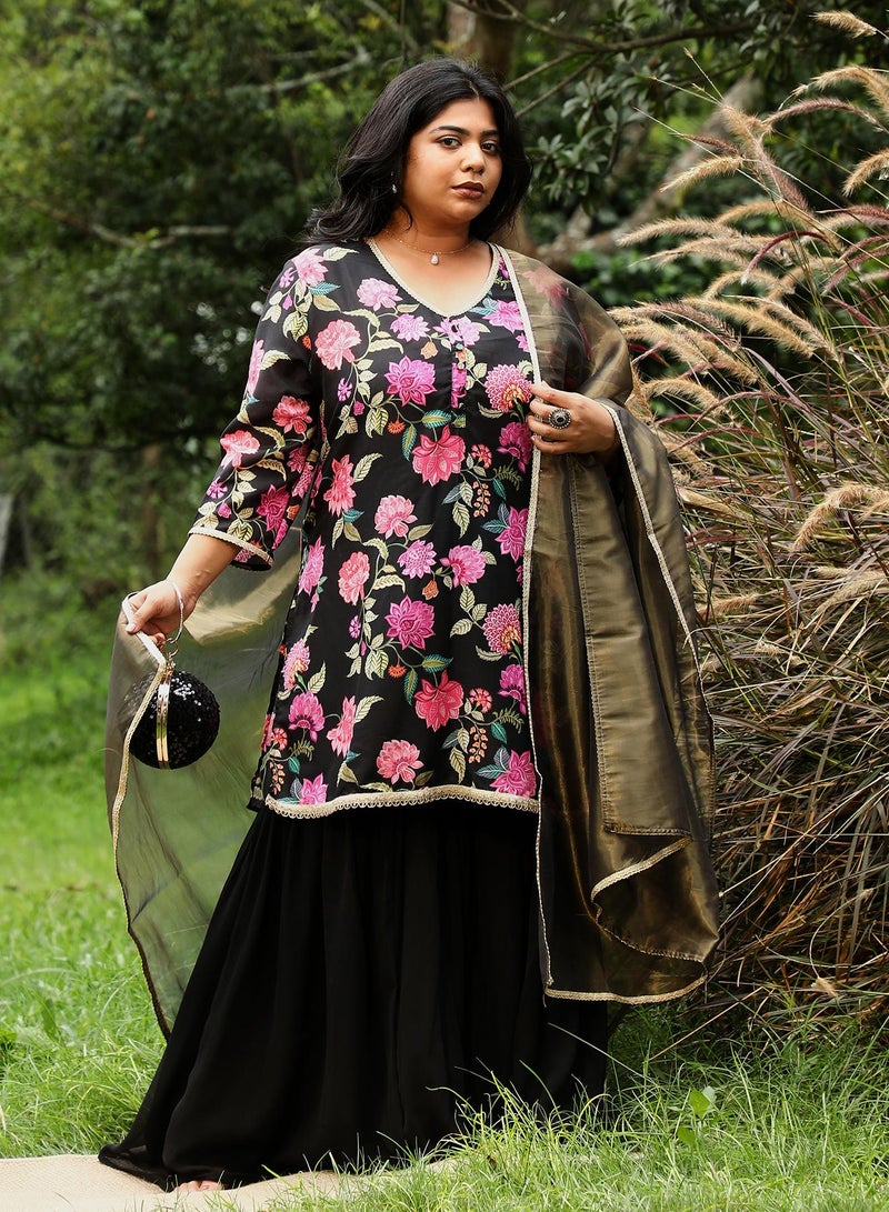 Instafab Plus Women's Midnight Black Botanical Cluster Kurti Set For Ethnic Wear | V-Neck, Quarter Regular Sleeves | Floral Print Plain Fabric | 3 Piece Kurta Set For Evening & Party Wear - Image 1
