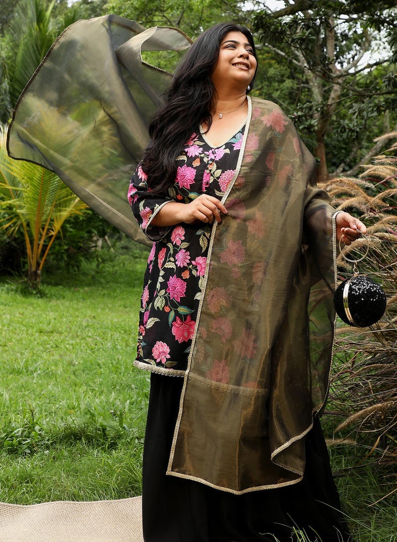 Instafab Plus Women's Midnight Black Botanical Cluster Kurti Set For Ethnic Wear | V-Neck, Quarter Regular Sleeves | Floral Print Plain Fabric | 3 Piece Kurta Set For Evening & Party Wear - Image 3