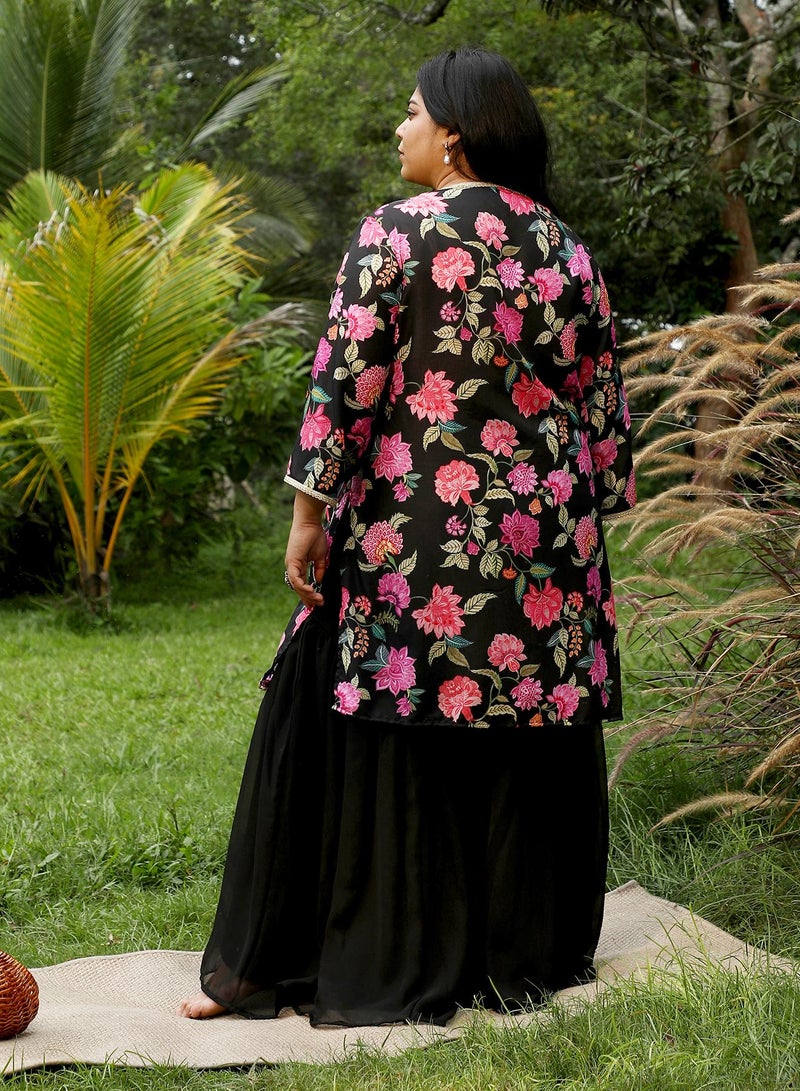 Instafab Plus Women's Midnight Black Botanical Cluster Kurti Set For Ethnic Wear | V-Neck, Quarter Regular Sleeves | Floral Print Plain Fabric | 3 Piece Kurta Set For Evening & Party Wear - Image 5