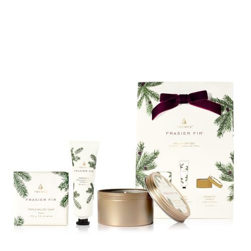 Thymes Frasier Fir Hand Cream Travel Tin Candle Jar and Bar Soap Gift Set Scented with Notes of Siberian Fir Cedarwood and Sandalwood Luxury Home Fragrance Set Hostess Gift for the Holidays - Image 1