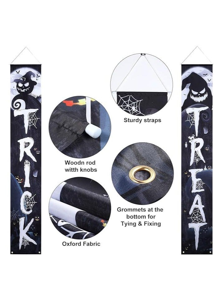 Porch Banner Trick or Treat Porch Signs Hanging Banner Welcome Signs Couplets Porch Flag for Gate Garden Front Door Home Outdoor Yard Party Decor Halloween (A) - Image 2