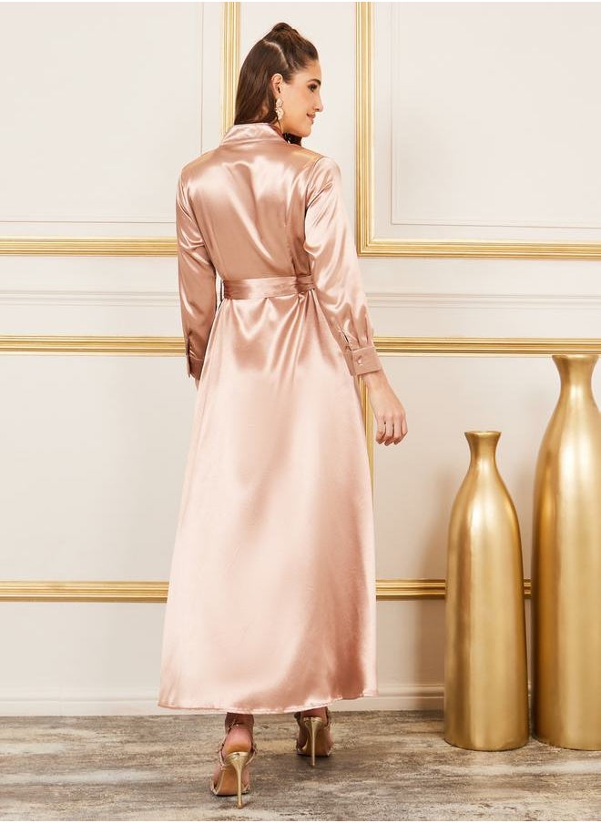 Styli - Satin Notch Neck Belted A-Line Maxi Dress - Image 1