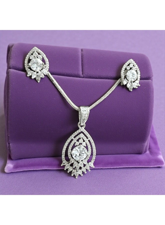 Pretty Precious Elegant American Diamond Pendant Set for Women | Rhodium Plated CZ Jewellery | Necklace with Matching Earrings-White - Image 3