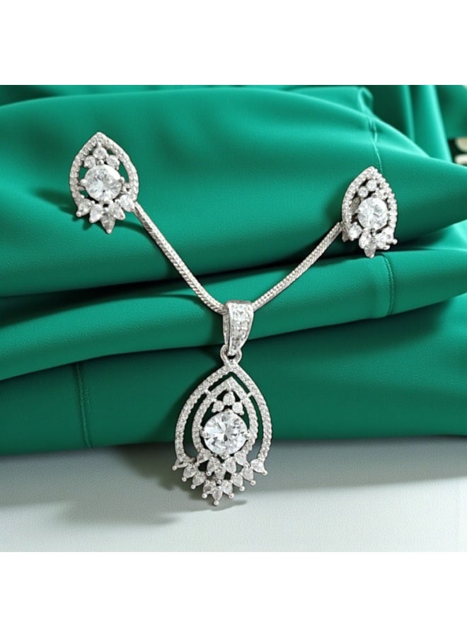 Pretty Precious Elegant American Diamond Pendant Set for Women | Rhodium Plated CZ Jewellery | Necklace with Matching Earrings-White - Image 4