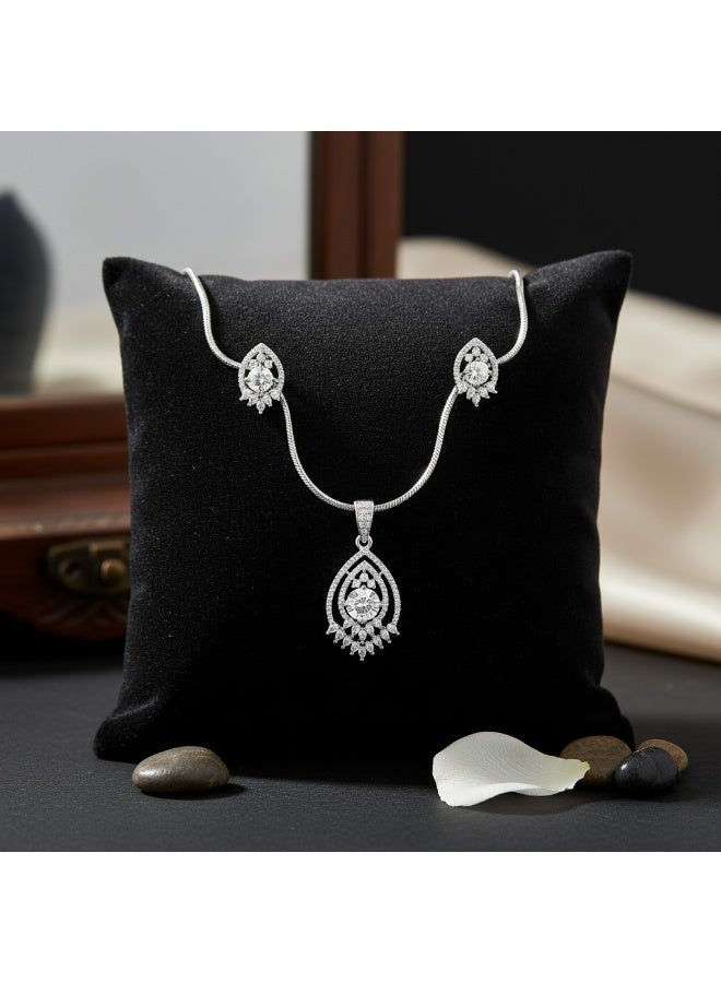 Pretty Precious Elegant American Diamond Pendant Set for Women | Rhodium Plated CZ Jewellery | Necklace with Matching Earrings-White - Image 5