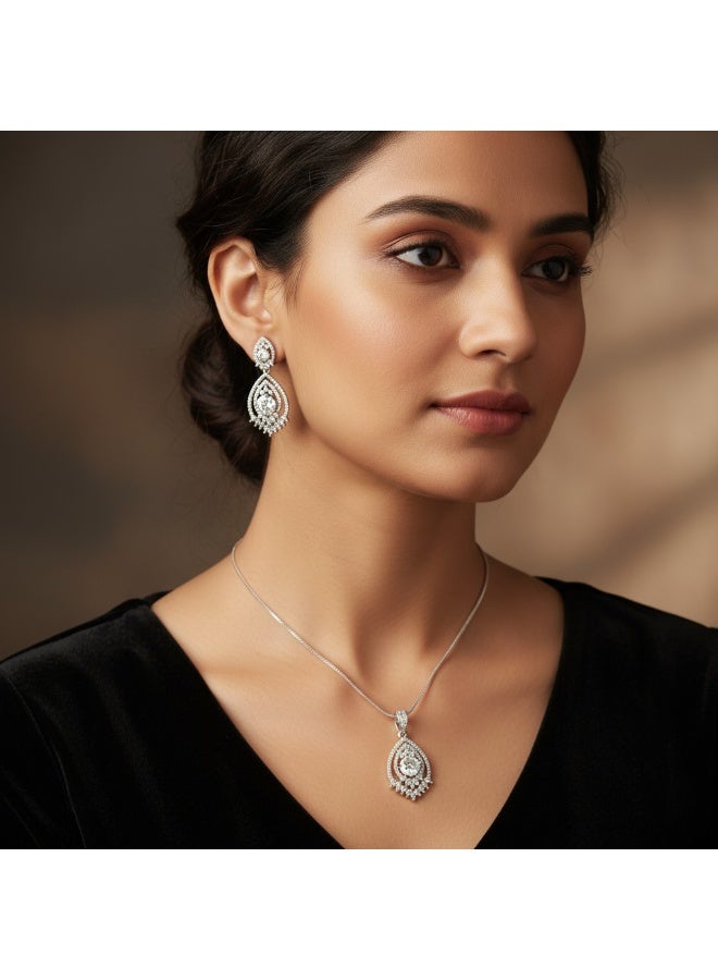 Pretty Precious Elegant American Diamond Pendant Set for Women | Rhodium Plated CZ Jewellery | Necklace with Matching Earrings-White - Image 1