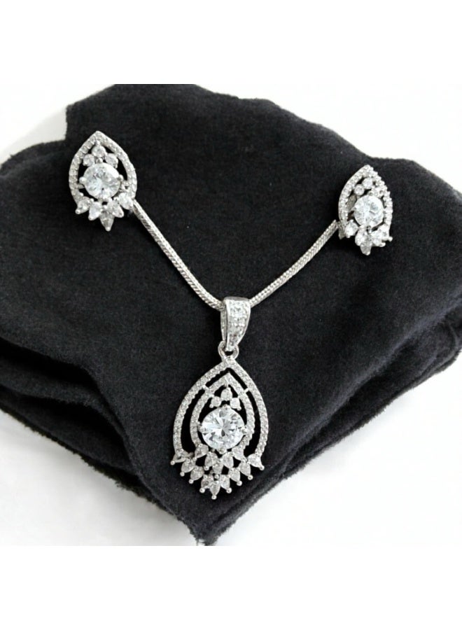 Pretty Precious Elegant American Diamond Pendant Set for Women | Rhodium Plated CZ Jewellery | Necklace with Matching Earrings-White - Image 2