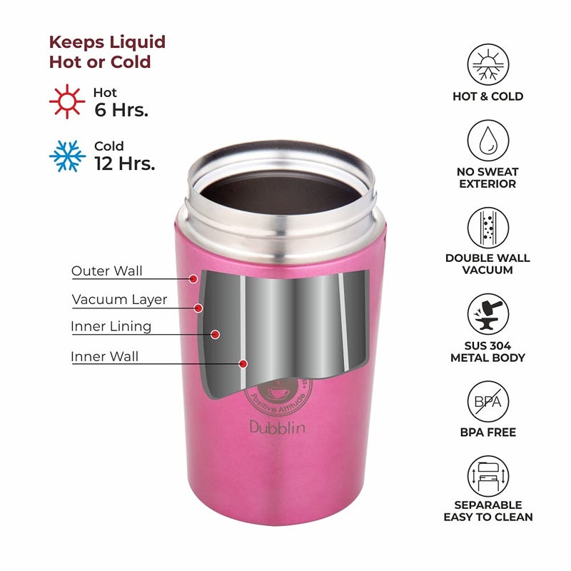 DUBBLIN Frappe Stainless Steel Tea Coffee Mug Double Wall Vacuum Insulated Travel Mug with Leak Proof Lid Wide Mouth Tumbler Thermos Flask Keeps Hot 6 Hrs Cold 12 Hrs 300ML Pink - Image 2
