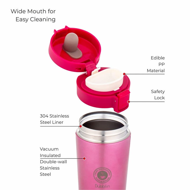 DUBBLIN Frappe Stainless Steel Tea Coffee Mug Double Wall Vacuum Insulated Travel Mug with Leak Proof Lid Wide Mouth Tumbler Thermos Flask Keeps Hot 6 Hrs Cold 12 Hrs 300ML Pink - Image 4