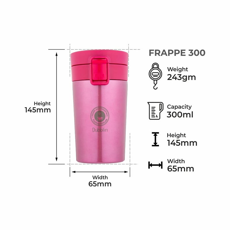 DUBBLIN Frappe Stainless Steel Tea Coffee Mug Double Wall Vacuum Insulated Travel Mug with Leak Proof Lid Wide Mouth Tumbler Thermos Flask Keeps Hot 6 Hrs Cold 12 Hrs 300ML Pink - Image 3