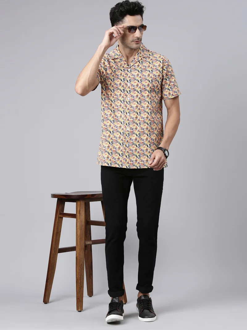 Joven  Beige Printed Camp Collar Casual Shirt for Men for Men | Best Price UAE