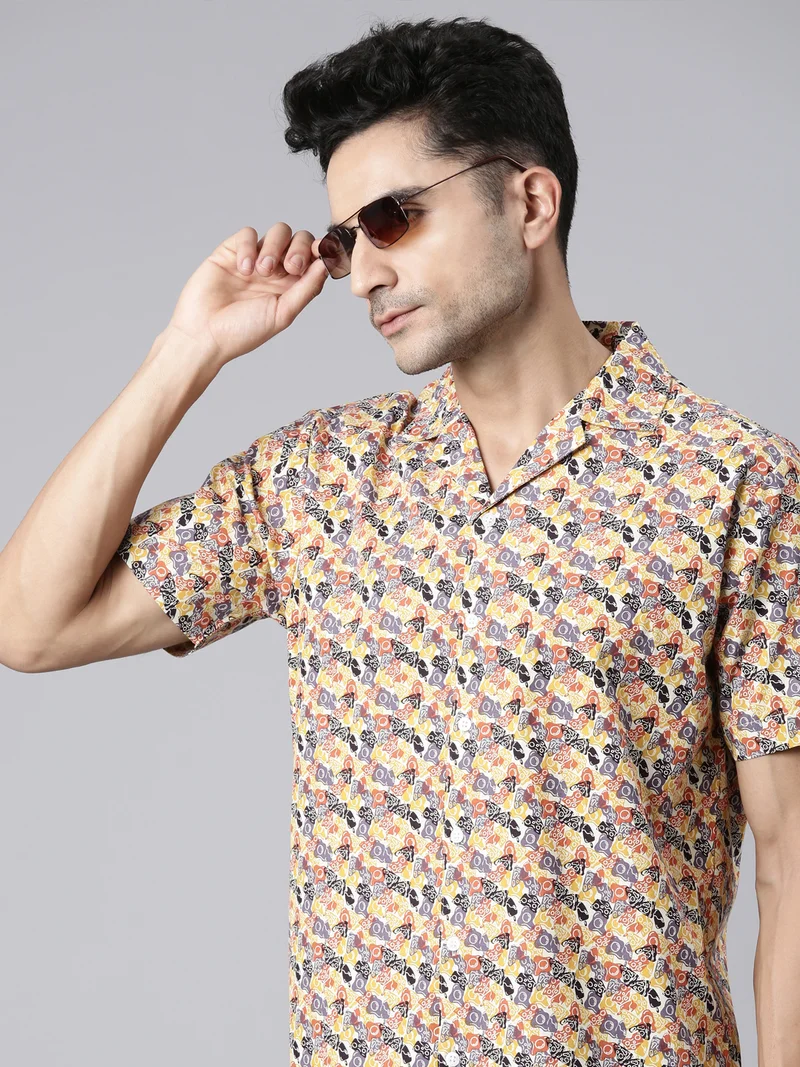 Joven Beige Printed Camp Collar Casual Shirt for Men