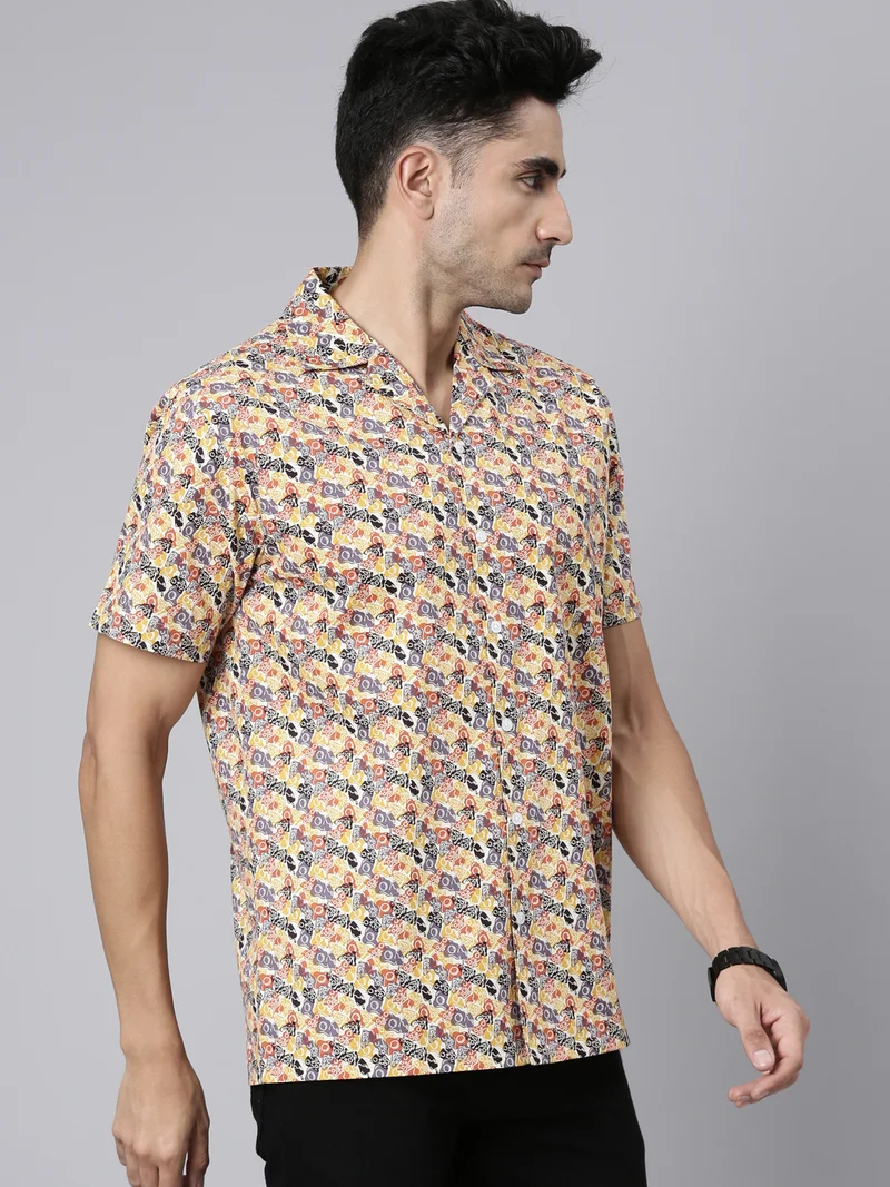 Joven  Beige Printed Camp Collar Casual Shirt for Men for Men | Best Price UAE