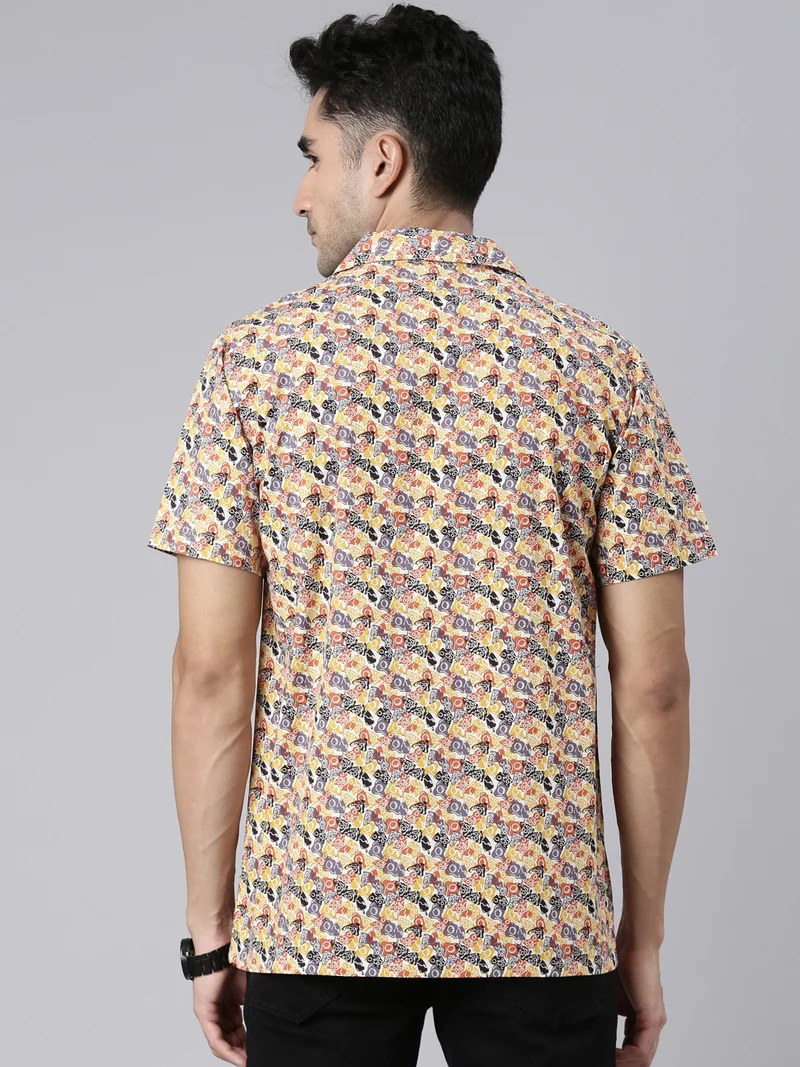 Joven Beige Printed Camp Collar Casual Shirt for Men