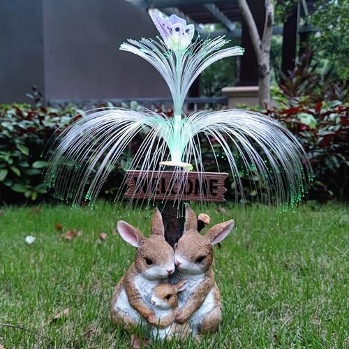 RCTTICUU Solar Rabbit Garden Statues,Resin Rabbit Family Figurine with Welcome Card and 7-Color Changing Optical Fiber with Solar Lights, Lawn Decor Outdoor Statue for Patio,Balcony,Yard,Lawn - Image 1
