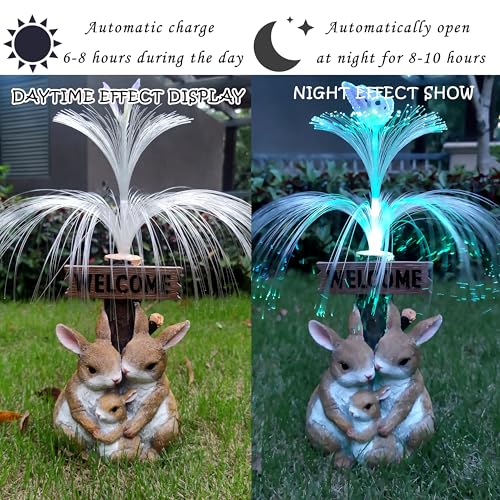 RCTTICUU Solar Rabbit Garden Statues,Resin Rabbit Family Figurine with Welcome Card and 7-Color Changing Optical Fiber with Solar Lights, Lawn Decor Outdoor Statue for Patio,Balcony,Yard,Lawn - Image 5