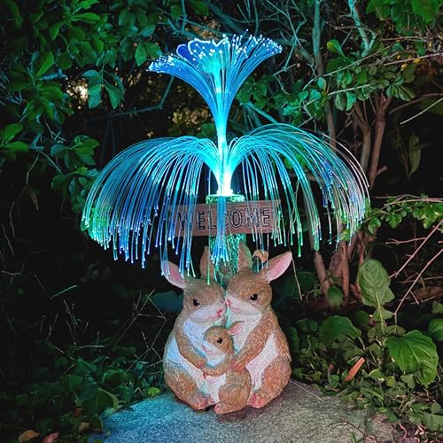 RCTTICUU Solar Rabbit Garden Statues,Resin Rabbit Family Figurine with Welcome Card and 7-Color Changing Optical Fiber with Solar Lights, Lawn Decor Outdoor Statue for Patio,Balcony,Yard,Lawn - Image 3