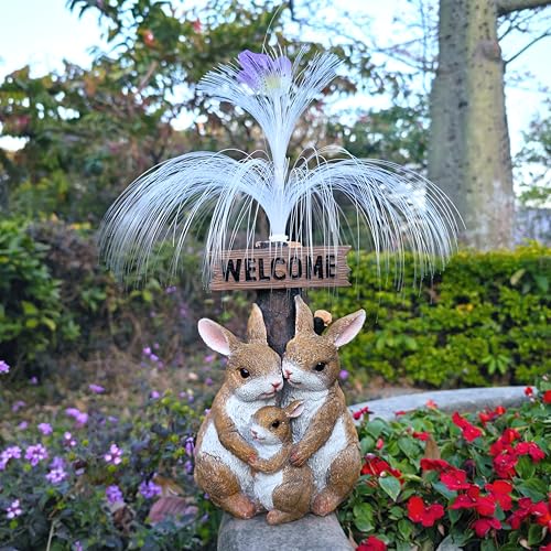 RCTTICUU Solar Rabbit Garden Statues,Resin Rabbit Family Figurine with Welcome Card and 7-Color Changing Optical Fiber with Solar Lights, Lawn Decor Outdoor Statue for Patio,Balcony,Yard,Lawn - Image 2
