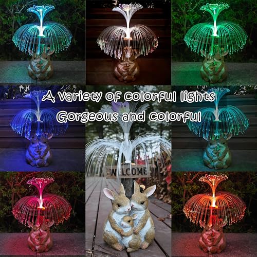 RCTTICUU Solar Rabbit Garden Statues,Resin Rabbit Family Figurine with Welcome Card and 7-Color Changing Optical Fiber with Solar Lights, Lawn Decor Outdoor Statue for Patio,Balcony,Yard,Lawn - Image 4