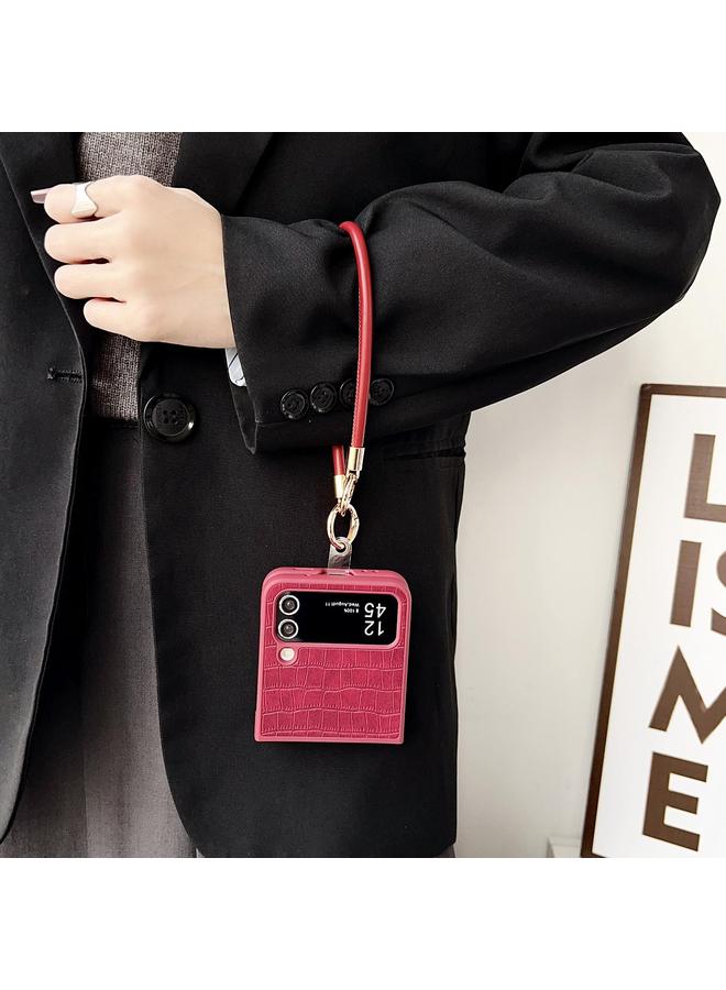 اس-توب جراب لهاتف Samsung Galaxy Z Flip 4 مصنوع من مادة TPU بنسيج التمساح مع حزام - Image 4