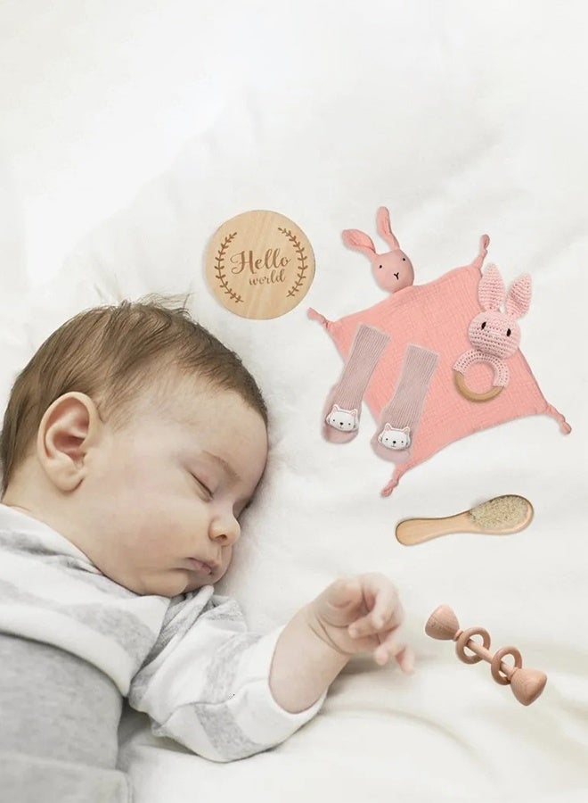 Hanayo Baby Gift Set 6 Pcs Set Baby Shower Gifts Unique Baby Gift Set Essentials Stuffs Baby Bath Toys with Rattles Bath Brush Newborn Baby Gift Set for Girls Boys(Pink) - Image 5