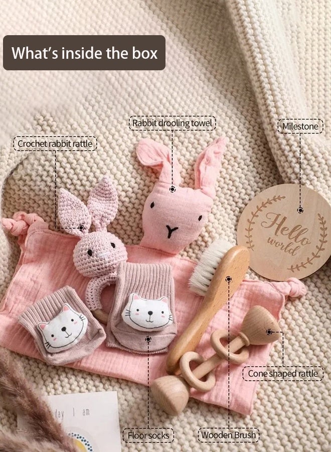 Hanayo Baby Gift Set 6 Pcs Set Baby Shower Gifts Unique Baby Gift Set Essentials Stuffs Baby Bath Toys with Rattles Bath Brush Newborn Baby Gift Set for Girls Boys(Pink) - Image 3
