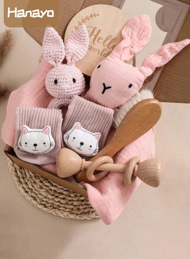 Hanayo Baby Gift Set 6 Pcs Set Baby Shower Gifts Unique Baby Gift Set Essentials Stuffs Baby Bath Toys with Rattles Bath Brush Newborn Baby Gift Set for Girls Boys(Pink) - Image 1