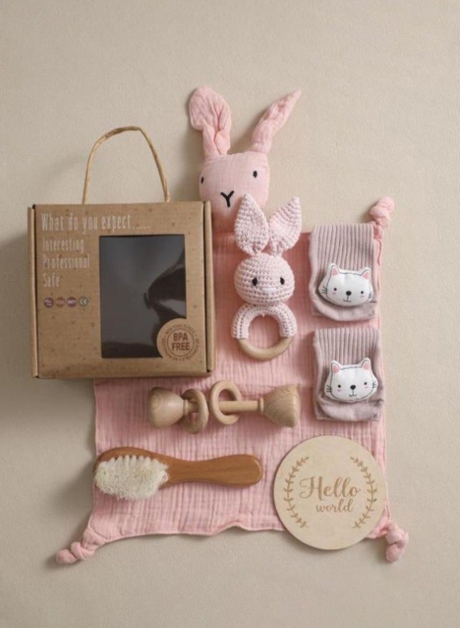 Hanayo Baby Gift Set 6 Pcs Set Baby Shower Gifts Unique Baby Gift Set Essentials Stuffs Baby Bath Toys with Rattles Bath Brush Newborn Baby Gift Set for Girls Boys(Pink) - Image 2