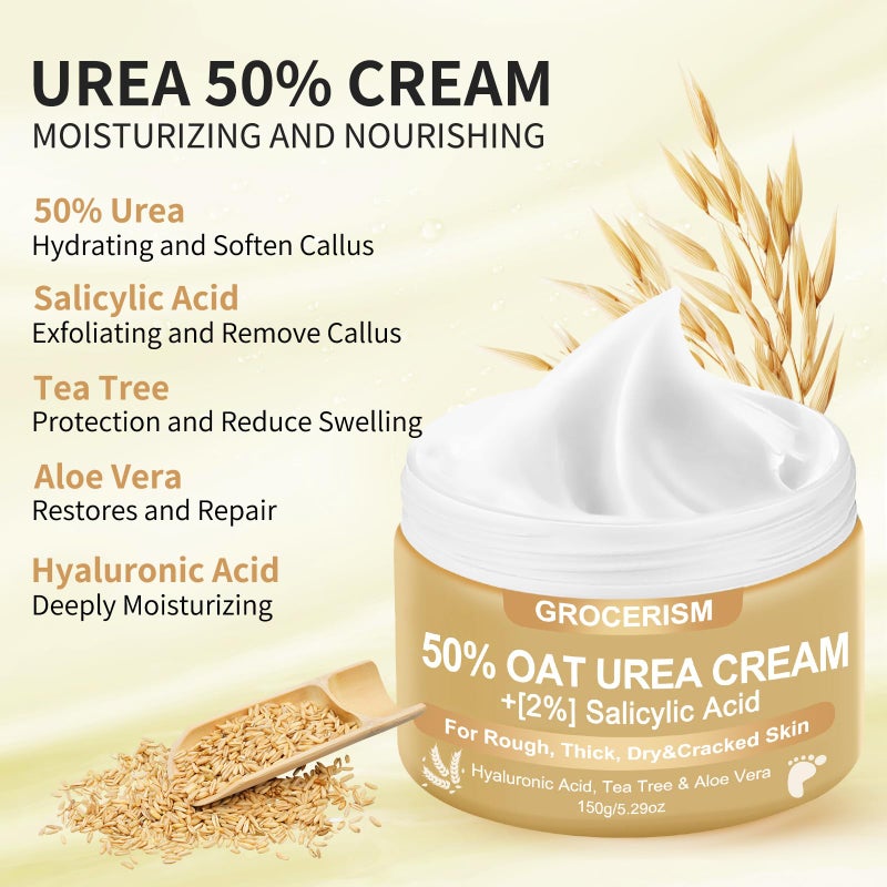 Grocerism Urea Cream 50 Percent for Feet Maximum Strength 5.29 oz with Oat and 2% Salicylic Acid, Foot & Hand Cream included Hyaluronic Acid, Tea Tree and Aloe Vera for Deep Moisturizing, Callus Removing - Image 4