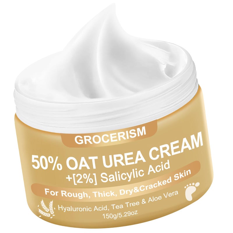 Grocerism Urea Cream 50 Percent for Feet Maximum Strength 5.29 oz with Oat and 2% Salicylic Acid, Foot & Hand Cream included Hyaluronic Acid, Tea Tree and Aloe Vera for Deep Moisturizing, Callus Removing - Image 1