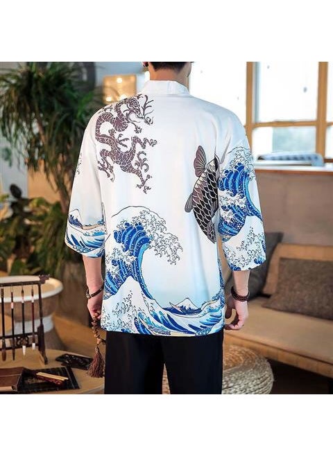 Unisex Yukata Shirt with Ukiyo-e Print Wave and Koi White