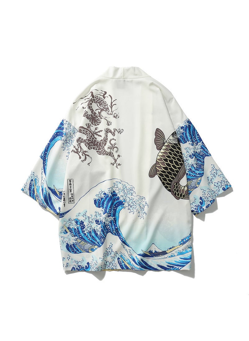 Unisex Yukata Shirt with Ukiyo-e Print Wave and Koi White