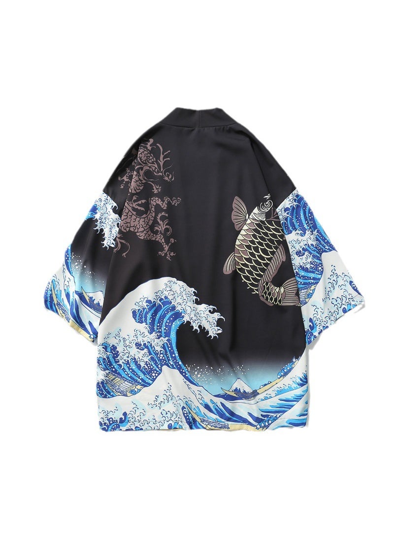 Unisex Yukata Shirt with Ukiyo-e Print Wave and Koi White