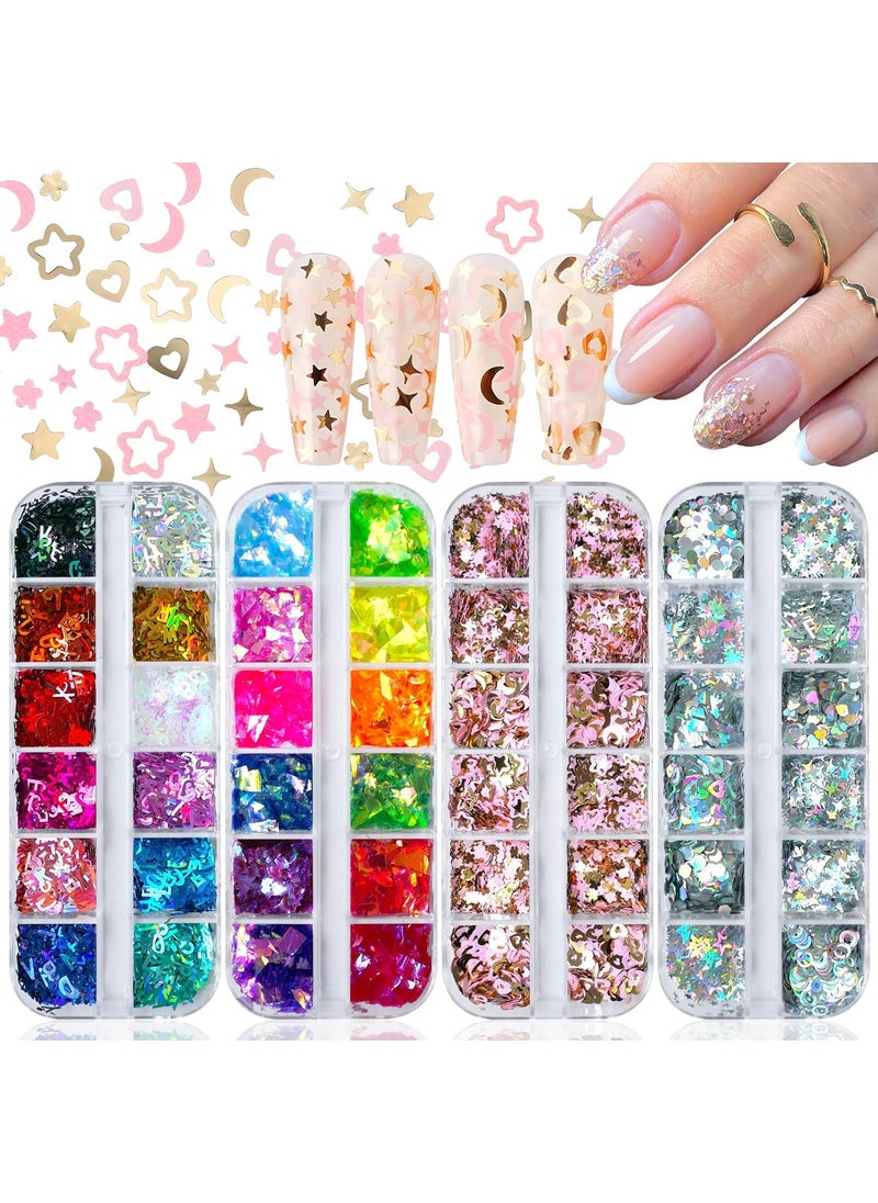 LifexTol - 4 Box Nail Glitter for Press on Nails DIY Supplies, Chunky Glitter Acrylic Powder Nails Fine Glitter for Fake Nails Decor, Nail Art Foil Holographic Glitter Shapes Star Flakes Nail Sequins-C - Image 1
