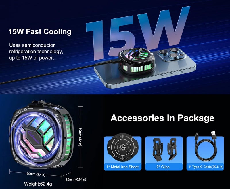 Cubonic X76 Magnetic/Clip Attachment 3 Gear Mobile Cooler, RGB, Quiet Operations Cooling Fan, Semiconductor Technology Mobile Radiator with Larger Cooling Area (Black) - Image 2
