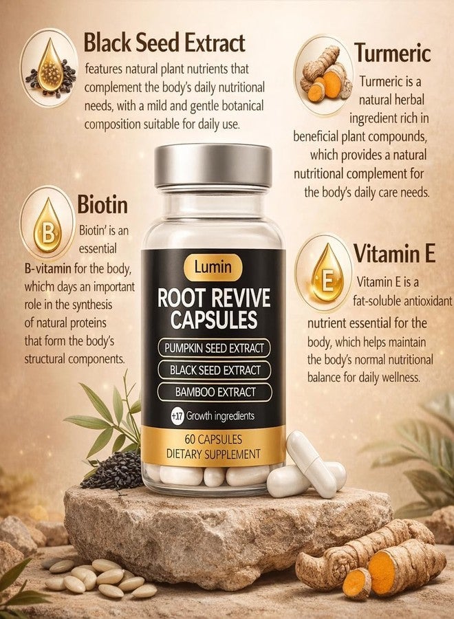 Lumin Root Revive Capsules – Hair Support Supplement for Thinning Hair, Healthy Scalp & Thickness – With Biotin, Black Seed, Bamboo, Saw Palmetto & 17 Nutrient-Rich Ingredients (1) - Image 4
