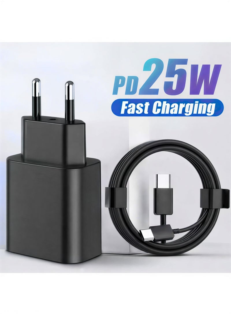 شاحن USB-C بقوة 25 واط وكابل من النوع C إلى النوع C بطول 1 متر - شحن سريع بتقنية PD، متوافق مع أجهزة سامسونج وغيرها من أجهزة USB-C (أسود) - Image 1