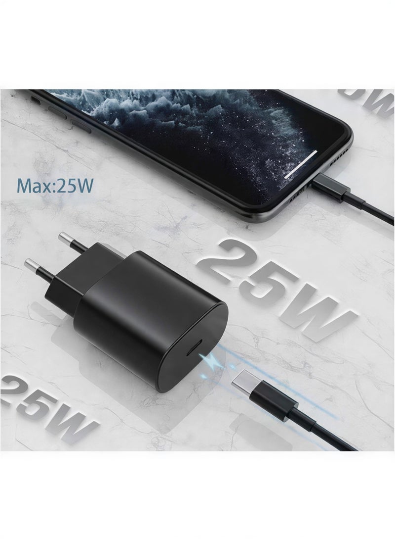 شاحن USB-C بقوة 25 واط وكابل من النوع C إلى النوع C بطول 1 متر - شحن سريع بتقنية PD، متوافق مع أجهزة سامسونج وغيرها من أجهزة USB-C (أسود) - Image 3