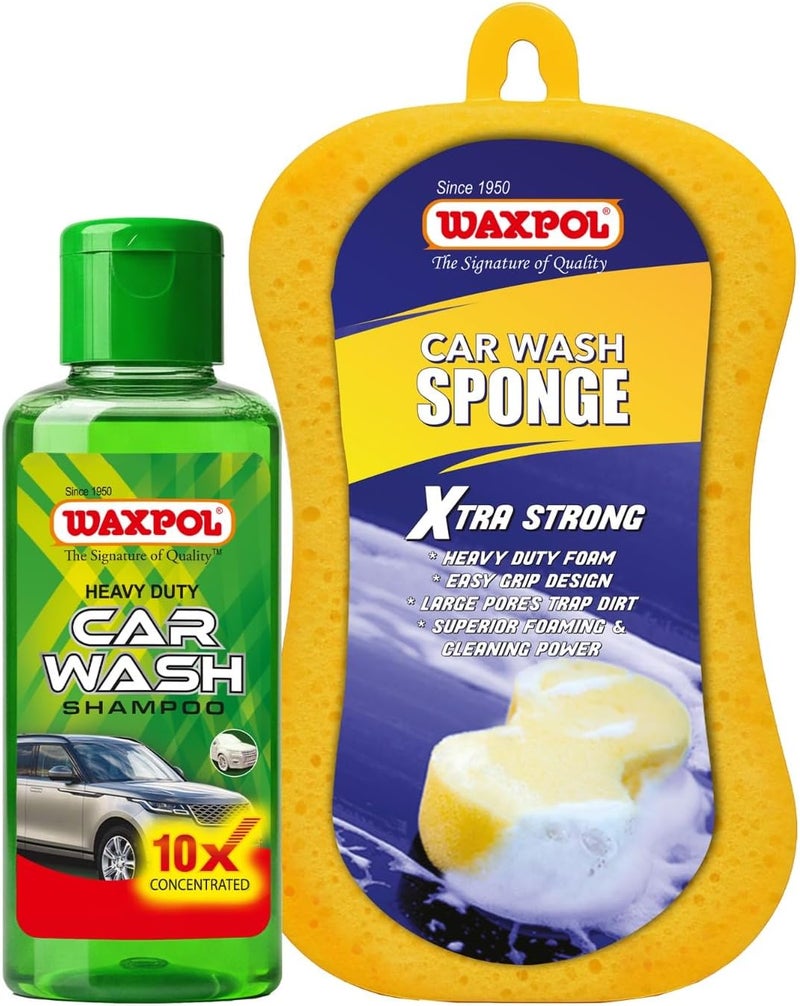واكسبول شامبو غسيل السيارات الثقيل Waxpol بتركيز 10 أضعاف 100 مل مع إسفنجة غسيل سيارات فائقة القوة (مثالي لرغوة الثلج، الرغوة والغسيل بالدلو) يناسب كل ميزانية - Image 1