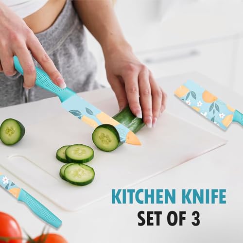 HOME SKILL® Knife Set for Kitchen Professional 3 Pieces High Carbon Stainless Steel Colour Printed Coated Chef Knife I Utility Knife I Kitchen Knives with Ergonomic Handle-Blue - Image 4
