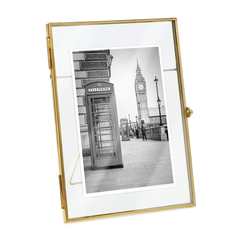 Isaac Jacobs 5x7 Antique Gold Vintage Style Brass and Glass Metal Floating Desk Photo Frame Vertical with Locket Bead Clasp Closure for Pictures Art More 5x7 Antique Gold