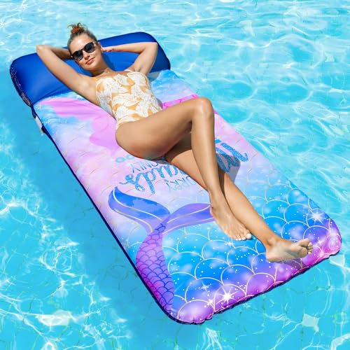 FindUWill Oversized Pool Floats Adult 72 X 37 XLarge Fabric Covered Pool Float Lounger with Headrest Pool Floaties Raft Heavy Duty for Vacation Mermaid - Image 1