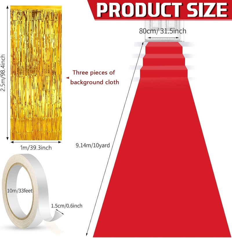 Tegeme Carpet Runner Aisle 2.6 x 30 Feet with Carpet Tape and 4 Pieces of 8.2 x 3.2 Feet Metal Tinsel Tassel Curtains for Halloween Birthday Wedding Party Decoration(Red) - Image 3