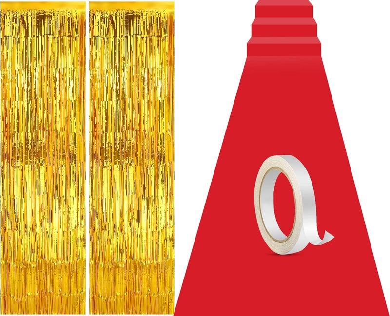 Tegeme Carpet Runner Aisle 2.6 x 30 Feet with Carpet Tape and 4 Pieces of 8.2 x 3.2 Feet Metal Tinsel Tassel Curtains for Halloween Birthday Wedding Party Decoration(Red) - Image 1