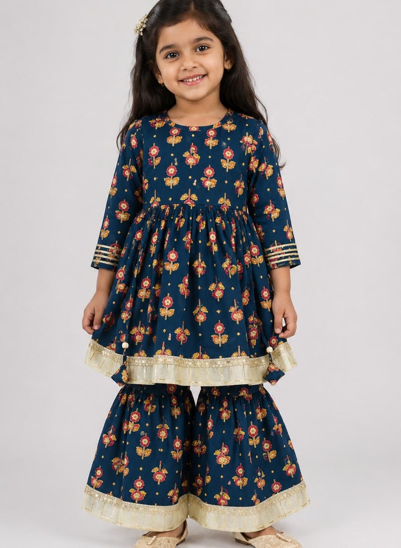 babyqlo Girls Navy Blue Floral Anarkali Kurta and Sharara Set - Image 1