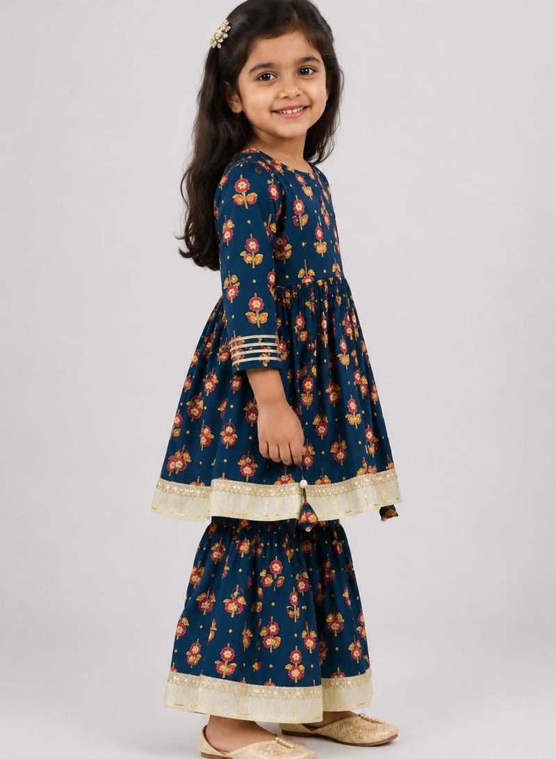 babyqlo Girls Navy Blue Floral Anarkali Kurta and Sharara Set - Image 5