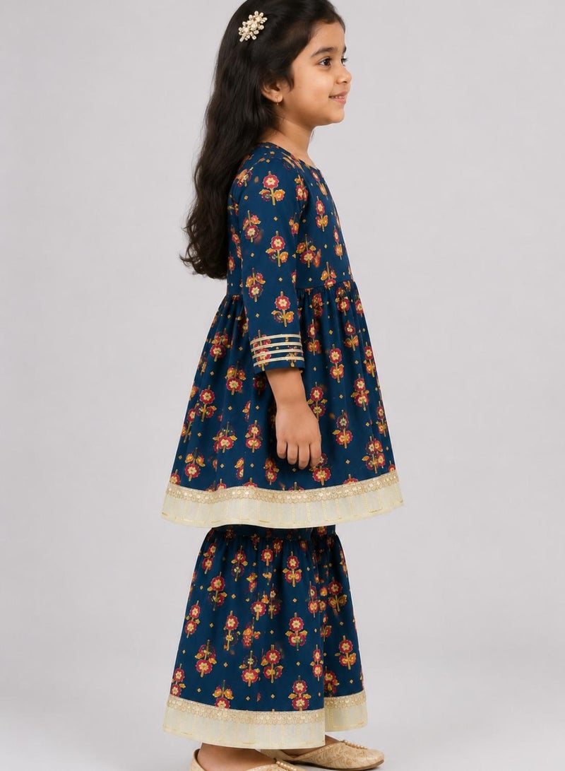 babyqlo Girls Navy Blue Floral Anarkali Kurta and Sharara Set - Image 4