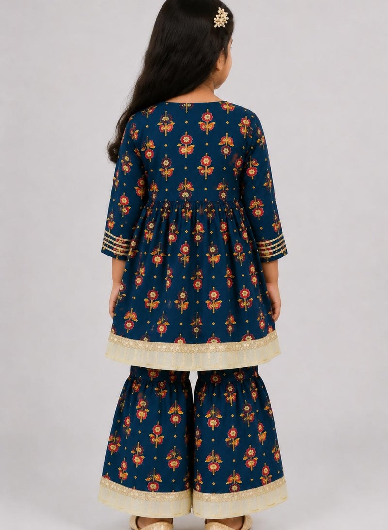 babyqlo Girls Navy Blue Floral Anarkali Kurta and Sharara Set - Image 3