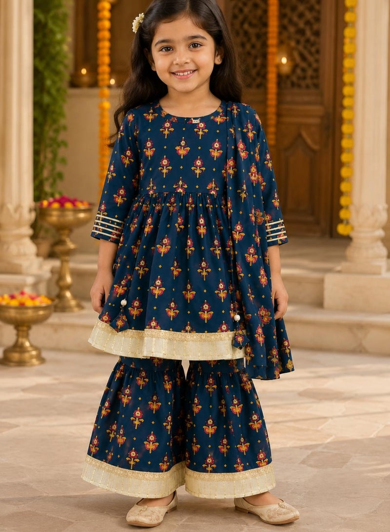 babyqlo Girls Navy Blue Floral Anarkali Kurta and Sharara Set - Image 2