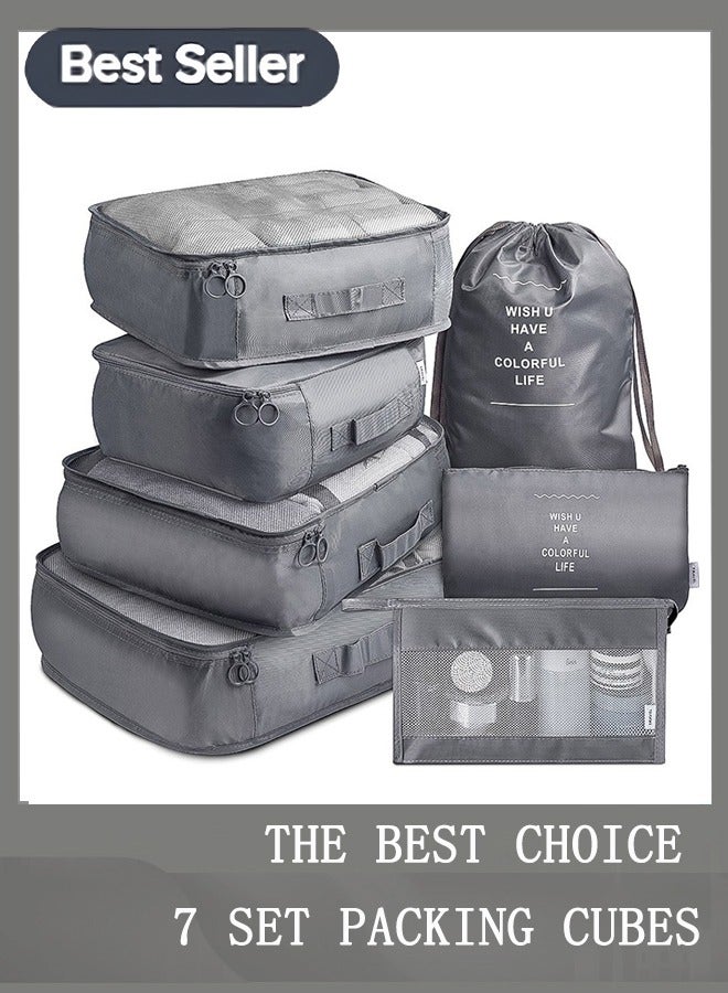 Arabest Travel Organizer - Set of 7 Portable Reusable Travel Luggage for Suitcase Organizer, Storage Bag, Compression Bag, Travel Bag with Zipper (Grey) - Image 1